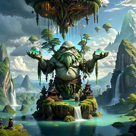 (masterpiece, best_quality, ultra-detailed, immaculate:1.3), epic, illustration, Magical floating islands with translucent giant PEPE mega-physique guardian  watching over earth, solo, outdoors, sky, cloud, water, armor, glowing, , cloudy sky, staff, glowing eyes, rock, mountain,  <lora:ral-mytfrst-sdxl:0.8> ral-mytfrst , fantasy, glowing, glowing eyes, fantasy landscape, floating islands, falling waterfalls,   <lora:guardian:0.9> enormous guardian spirit   <lora:ponydiffusionv6_pepethefrog:1>