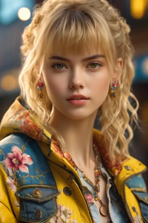 (masterpiece, best quality, ultra realistic,32k,RAW photo, detail skin, 8k uhd, dslr, high quality, film grain:1.5), 1girl, cute, bangs, blonde hair, cowboy shot, earrings, floral print, jacket, jewelry, looking at viewer, necklace, shirt, long hair, shorts, solo, yellow jacket,   yellow shirt, detail eyes, fantasy model, realistic, sharp details, intricate details ,digitally enhanced,3d reference , 8k resolution, unapologetic grit, overexposure, sharp focus