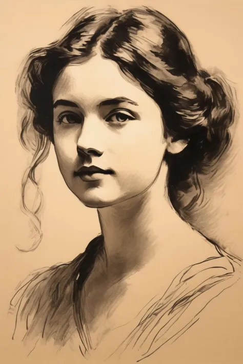 A hand drawn Victorian era portrait of a young woman in her late 20s, post impressionist style, minimalist brush work, prosaic style, beautifully shaded, black ink on manilla paper,