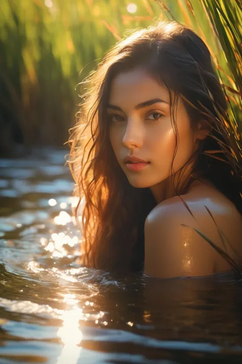 (masterpiece,best quality, ultra realistic,32k,RAW photo,detail skin, 8k uhd, dslr,high quality, film grain:1.5), close up portrait of a cute woman bathing in a river, reeds, (backlighting), lens flare, shade, bloom, [[chromatic aberration]], by Jeremy Lipking, by Antonio J. Manzanedo, digital painting