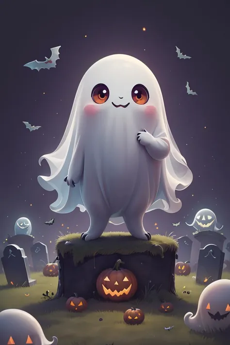 a cartoon ghost standing on a grave with pumpkins and bats