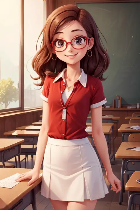 (A small chest:1.3),(masterpiece, best quality:1.4), (beautiful, aesthetic, perfect, delicate, intricate:1.2),((best quality)), ((masterpiece)), (detailed),(high-resolution:1.2), classroom, one adult woman, smiling Claudia chiffre, red shirt, white skirt, ...
