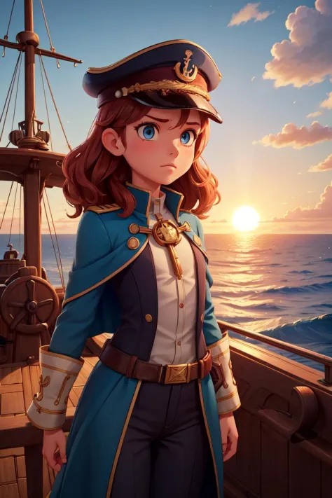 (A small chest:1.3),(masterpiece, best quality:1.4), (beautiful, aesthetic, perfect, delicate, intricate:1.2), 1 girl, adult (elven:0.7) woman,  light blue eyes, copper half-up half-down hairstyle, solo, upper body, looking down, detailed background, ship ...