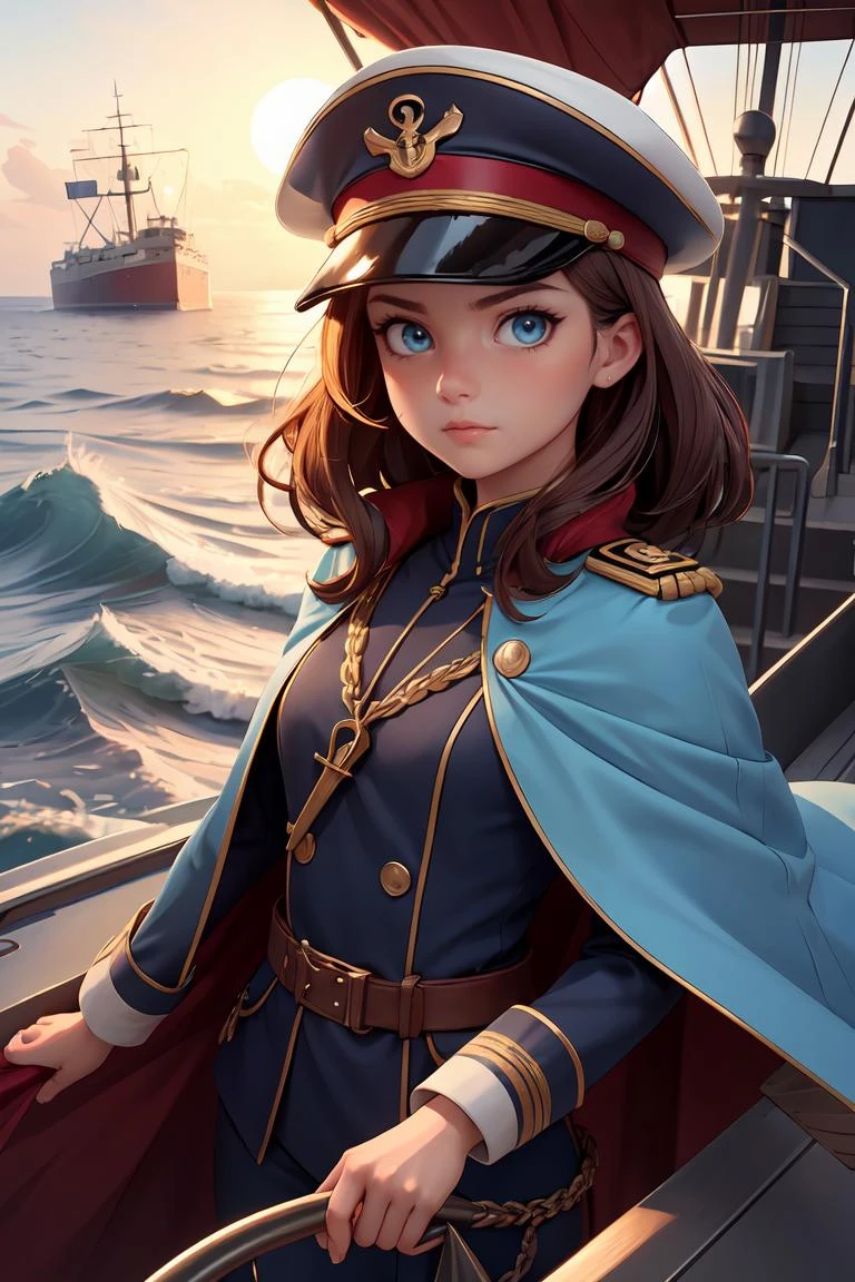 (A :1.2),(masterpiece, best quality:1.2),(beautiful,  perfect, delicate, intricate:1.1),1 girl,adult  woman,light blue eyes,copper half-up half-down hairstyle,solo,upper body,looking down,detailed background,ship captain,serious,dark red captain uniform,elegant cloak,captain hat,decorations,dynamic pose,on deck of ship,anchor,dawn,dramatic lighting,epic atmosphere,waves on the horizon,
