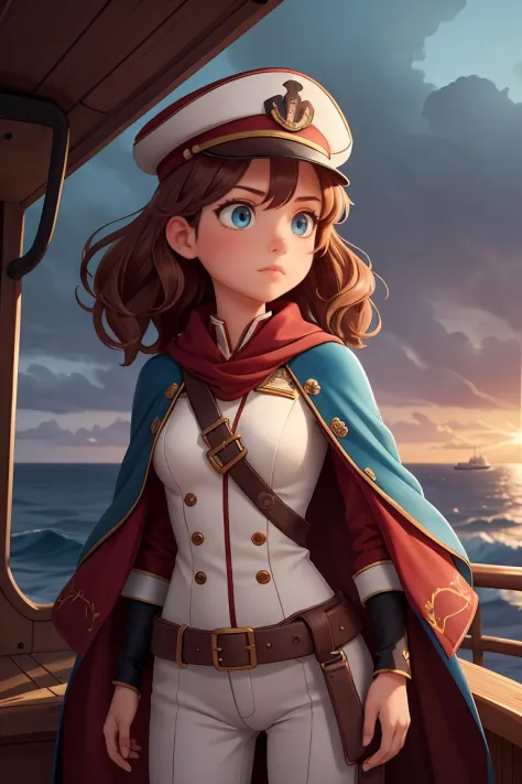 (masterpiece, best quality:1.2),(beautiful, perfect, delicate, intricate:1.1),1 girl,adult woman,light blue eyes,copper half-up half-down hairstyle,solo,upper body,looking down,detailed background,ship captain,serious,dark red captain uniform,elegant cloak...