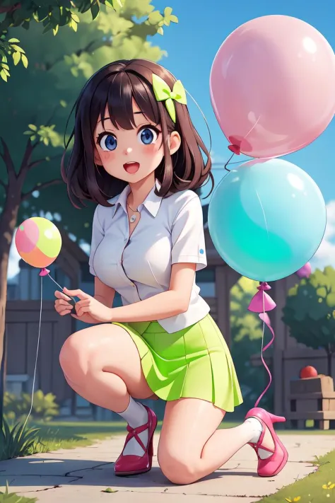 masterpiece,best quality,(kawaii cute 1girl giving balloon to viewer, one knee:1.3),(luminous neon colorful balloons:1.35),(extend right arm to viewer:1.4),(big balloon:1.4) in right hand,bluesky,sun lighting,outdoor,trees,cumulonimbus,business suit,open mouth,gorgeous high heels,large breasts,mini skirt,(souvenir shop background),lots of items,scenery,<lora:GoodHands-beta2:1>,