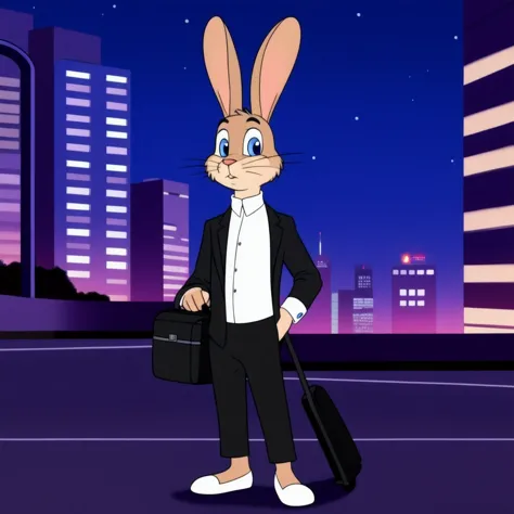 cartoon rabbit in a suit with a briefcase in the city