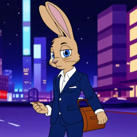 a close up of a cartoon rabbit in a suit with a briefcase