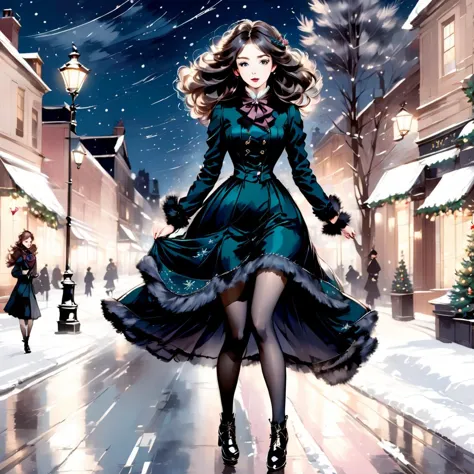 1girl, walking on winter street, windy weather, holding hair, inkpunk style, illustration, victorian winter dress, black pantyho...