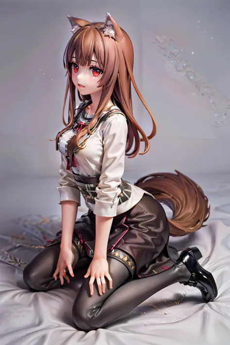 masterpiece, best quality, high detail, light and dark interlaced, full body, 
wolf girl,  brown hair,  red eyes,  traditional dress,  grey background,