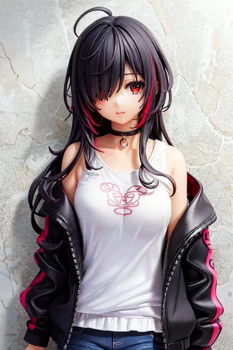 best quality, intricate details, chromatic aberration, 

1girl, long hair, black hair, messy hair, red highlights, hair over one...