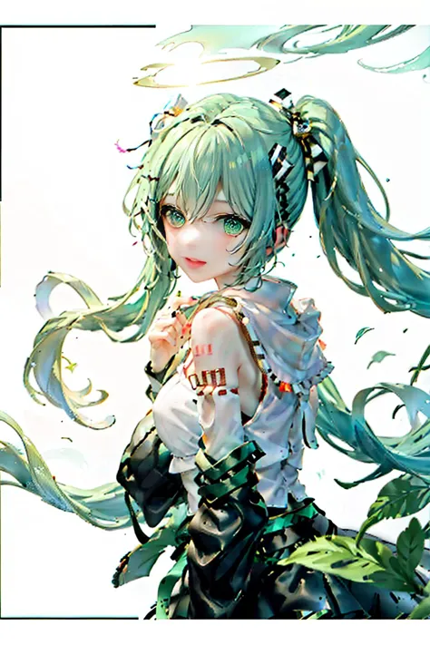 anime girl with long hair and green hair in a white dress