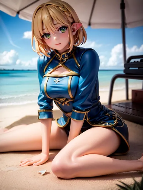 extremely delicate and beautiful,
depth of field,amazing,masterpiece,growth,visual impact,
ultra-detailed, highly, Amazing finely detail,
1girl, sitting , blue clothes, gold trim, small breast,hair ornament, solo, short hair, braided hair, grass, hair flower, smiling, green eyes, blonde hair, elf ears,
beach, palm trees, blurry foreground, sand, sea shells, plants,
light rays, looking at viewer, soft lighting,
 <lora:princess_zelda:0.6>