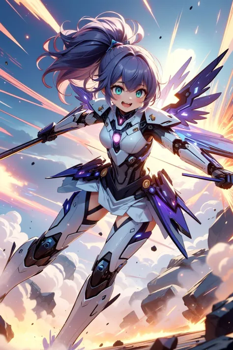 (Masterpiece:1.3), (best quality:1.2), <lora:battle angel_chatgpt2023126:0.8>, 1girl, battle angel, mechanical wings, android, mecha girl, light purple hair, weapon, ponytail, green eyes, (crazy eyes:1.5), (wide-eyed:1.3), (maniacal laughing:1.3), explosion insane