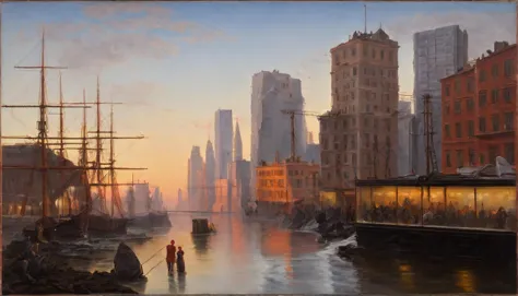 une peinture à l'huile traditionnelle d'une ville cyberpunk, dans le style d'Albert Edelfelt