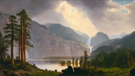 Ultra realista pintura a óleo tradicional Hudson River School, árvores de coníferas, Rio animado, vista da montanha