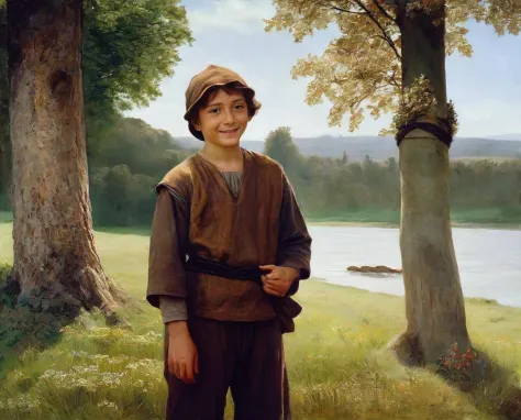 highly realistic traditional oil portrait painting, 14 year old boy standing in front of a tree trunk, simple brown early medieval clothing, smiling in the camera, sunny day, flowers, by Frederic Edwin Chruch