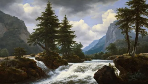 ultra realistic traditional oil painting, conifer trees, lively river, mountain view, by Jacob van Ruisdael