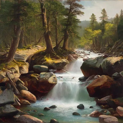 a traditional oil painting in the hudson river school art style of a lively river in the middle of a forest with rocks and trees...