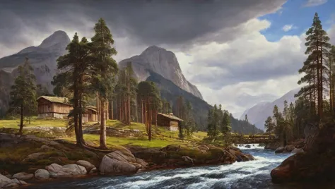 ultra realistic traditional oil painting, conifer trees, lively river, mountain view, by Anton Melbye