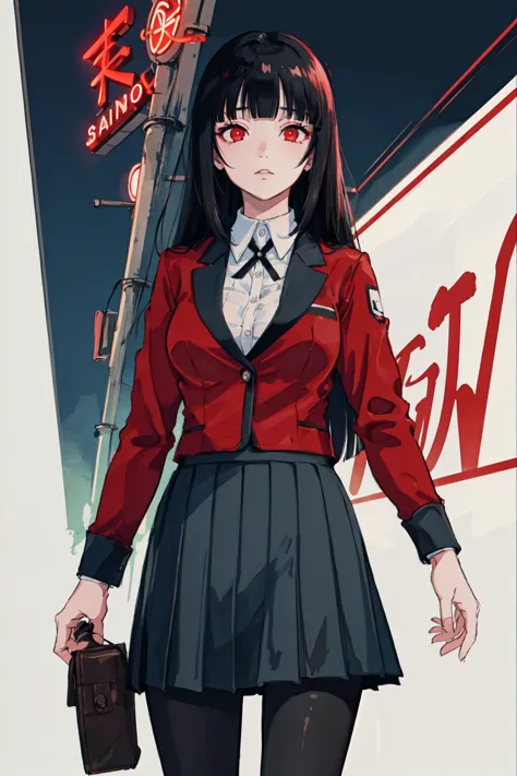 anime girl in a red jacket and black skirt holding a briefcase