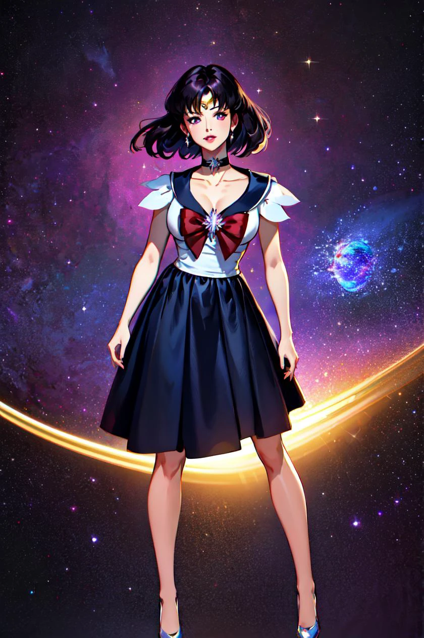 masterpiece, best quality, 1girl, photo of realistic, sailor saturn, (gold tiara on her forehead), tiara, solo, short hair, purple hair, bangs, black hair, red bow, brooch, choker, collarbone, looking at viewer, view from far, parted lips, purple eyes, cowboy shot, fullbody, space background. saturn background 