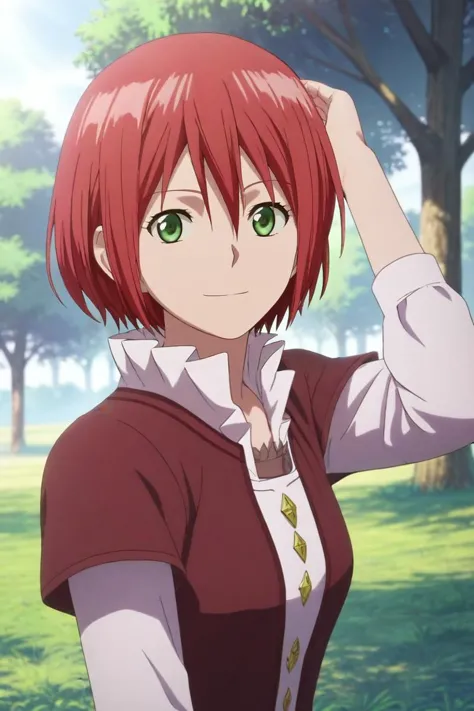 score_9, score_8_up, score_7_up, source_anime, rating_safe, , (3d:0.4), looking at viewer, , 1girl, solo, <lora:shirayuki-hime_pony:0.96>, shirayuki-hime, red hair, green eyes, hair between eyes, short hair, upper body, grass, tree, midnight, arm up, seductive smile, , <lora:sdxl_lightning_8step_lora:1>