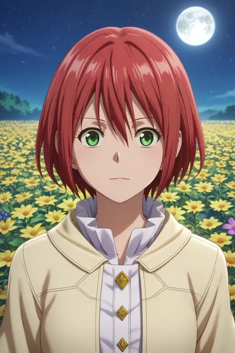 a woman with red hair standing in a field of flowers