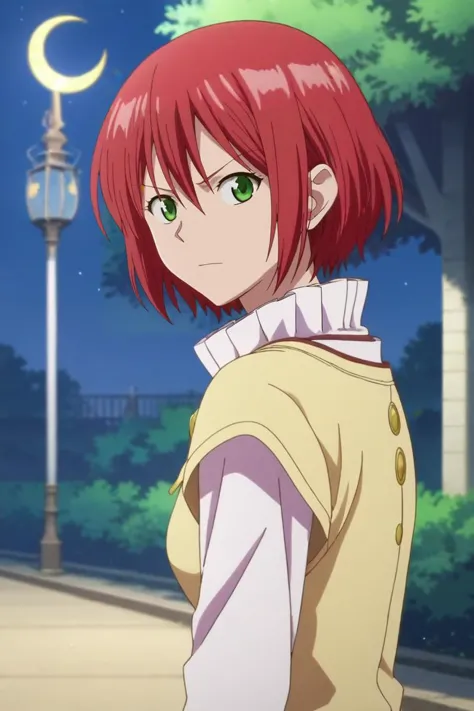 score_9, score_8_up, score_7_up, source_anime, rating_safe, , anime screencap, anime coloring, official style, looking at viewer, depth of field, 1girl, solo, <lora:shirayuki-hime_pony:0.94>, shirayuki-hime, red hair, green eyes, hair between eyes, short hair, from side, park, night, crescent moon, pose, angry, , <lora:sdxl_lightning_8step_lora:1>