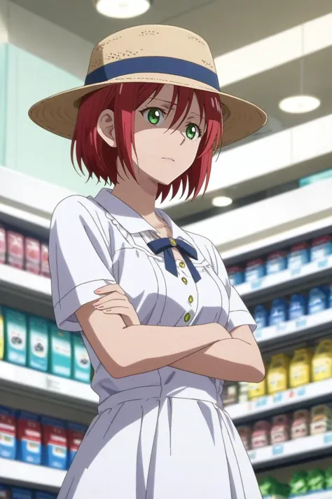 a woman in a hat standing in front of a store shelf