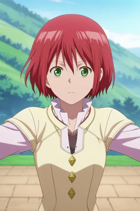 score_9, score_8_up, score_7_up, source_anime, rating_safe, , anime screencap, anime coloring, , , depth of field, 1girl, solo, <lora:shirayuki-hime_pony:0.98>, shirayuki-hime, red hair, green eyes, hair between eyes, short hair, straight-on, hill, day, sunny, outstretched arms, relaxed, , <lora:sdxl_lightning_8step_lora:1>