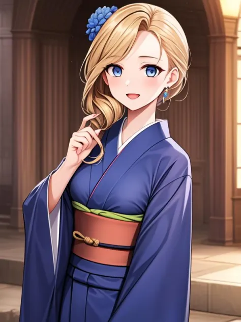 <lora:Hood_v3:1>1girl, blue eyes, blonde hair, japanese clothes, hair flower, lantern, print kimono, floral print, hair over sho...