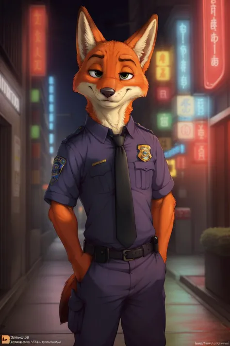 (by spiritd, by honovy, by zenthetiger, by zaush), nick wilde, male, fox, solo, necktie, safe, clothed, green eyes, police unifo...