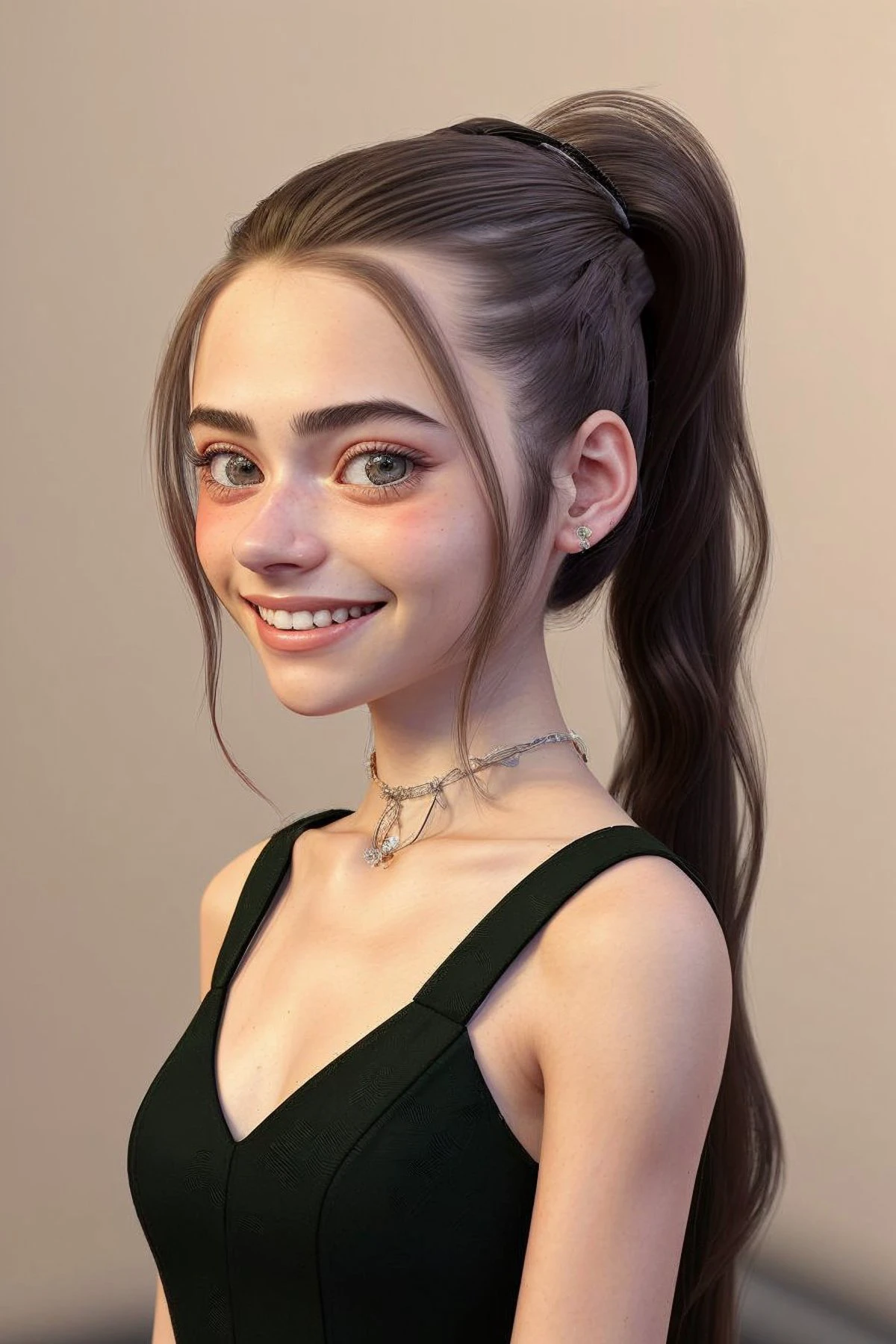 (Estilo de arte VR, 3D, imersivo, Digital, detalhado:1.2) retrato OliviaChristie, concentre-se no rosto sorridente, vestindo um vestido de baile , o cabelo dela é penteado como um rabo de cavalo trançado,