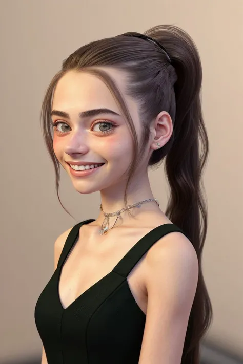 a woman with a ponytail and a black dress smiling