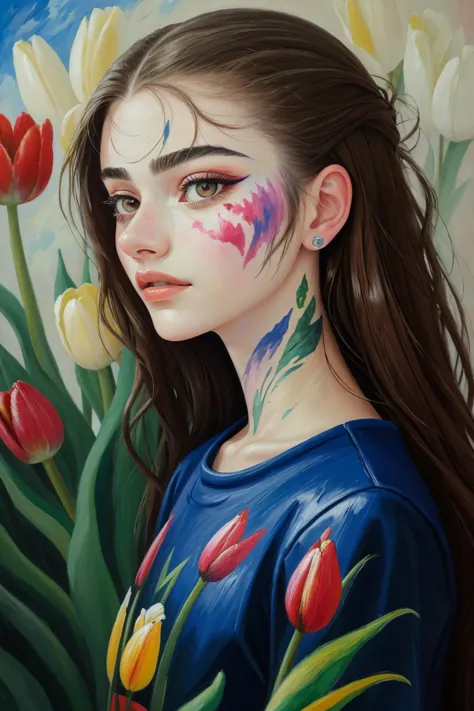 a painting of a girl with painted face and flowers