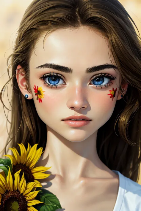 realistic photo of <lora:sd15_OliviaChristie_v1:.9> OliviaChristie, close up on face, focus on eyes, (sunflower face paint:1.0)