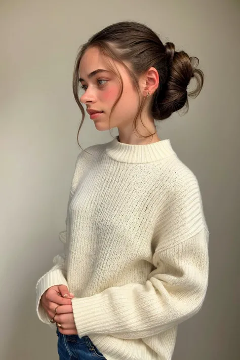 upper body <lora:sd15_OliviaChristie_v1:.9> OliviaChristie, focus on face, wearing a thin sweater , her hair is styled as Curly Milkmaid Braid,