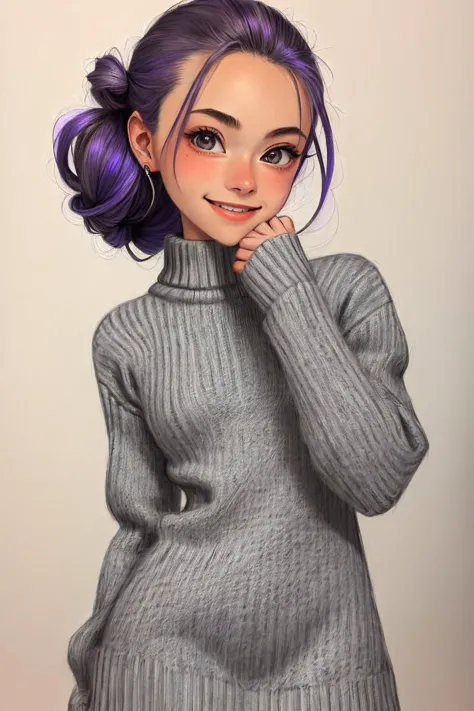 (pencil sketch, shaded, detailed, graphite, hand-drawn:1.2) upper body OliviaChristie, focus on smiling face, wearing a sweater dress , her iris color hair is styled as Curly Updo,