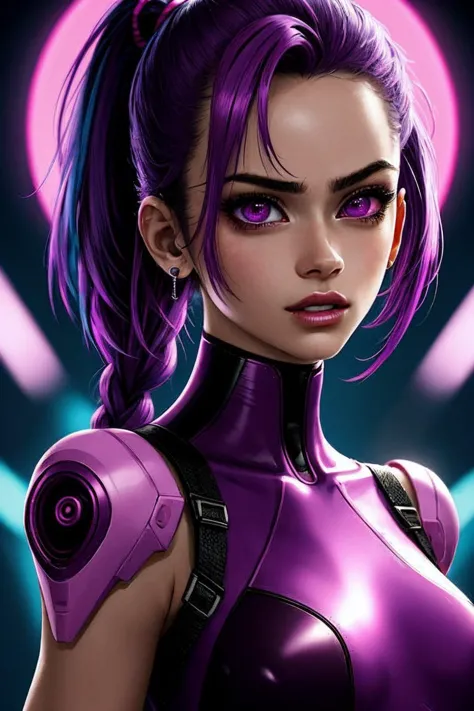 (néonpunk style, cyberpunk, onde de vapeur, néon, ambiance, vibrant, incroyablement belle, Croustillant, détaillé, lisse, moderne, reflets magenta, ombres violet foncé, Contraste élevé, Cinématique, ultra détaillé, complexe, professionnel:1.2) OliviaChristie, se concentrer sur les yeux, gros plan sur le visage, Sourire, porter des bijoux, queue de cheval double tressée style cheveux couleur vison, reflet,