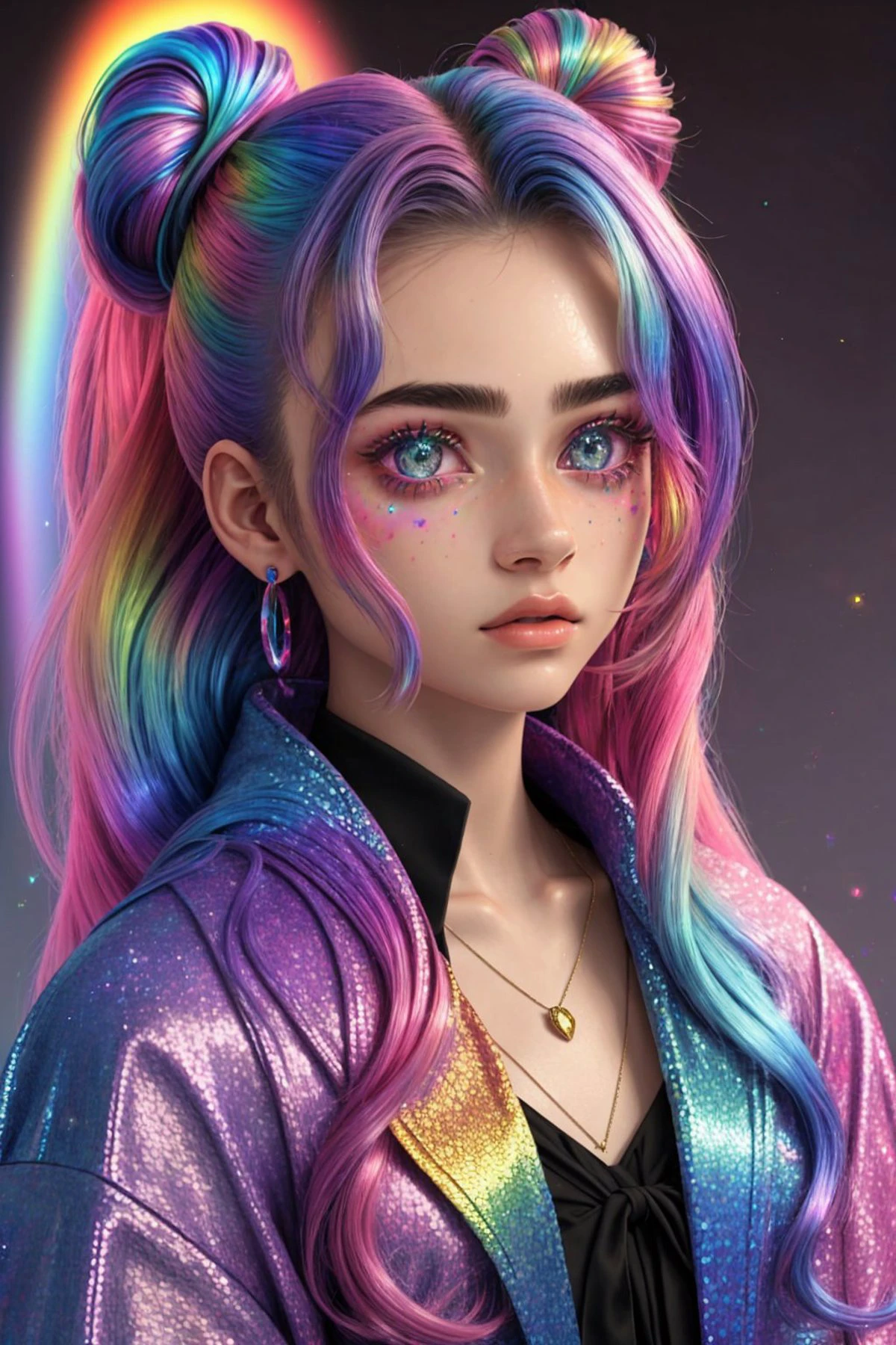 (holografischer Stil, Regenbogen, shimmer, 3D-Effekt, ausführlich:1.15), headshot OliviaChristie, Fokus auf Gesicht, trägt eine Zaubererrobe , ihr Haar ist als halb hochgesteckter Dutt gestylt,