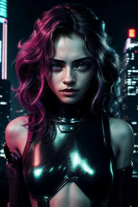(cyberpunk cityscape, neon, dark, futuristic, detailed:1.2) OliviaChristie, focus on eyes, close up on face, hair styled Kinky Curls, desaturated grunge filter,
