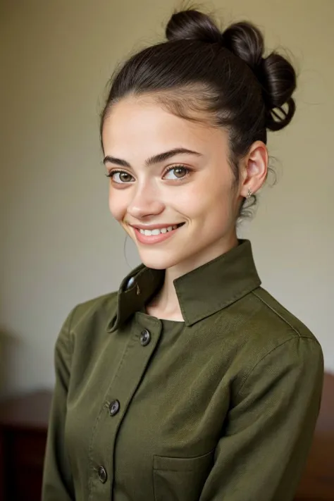 a close up of a woman with a green shirt and a tie