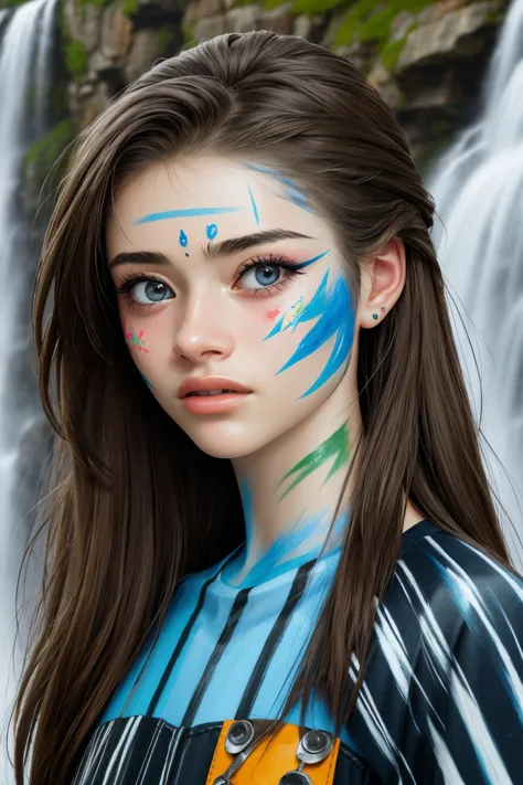 realistic photo of <lora:sd15_OliviaChristie_v1:.9> OliviaChristie, close up on face, focus on eyes, (waterfall face paint:1.2)