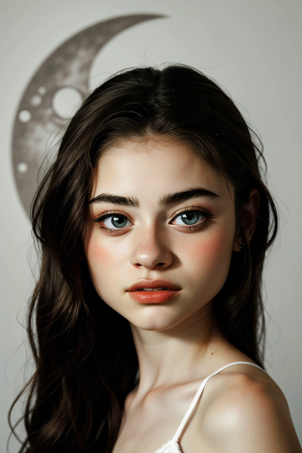 retrato em estilo de arte sombria de foto realista de OliviaChristie, face, olhos, símbolos da lua