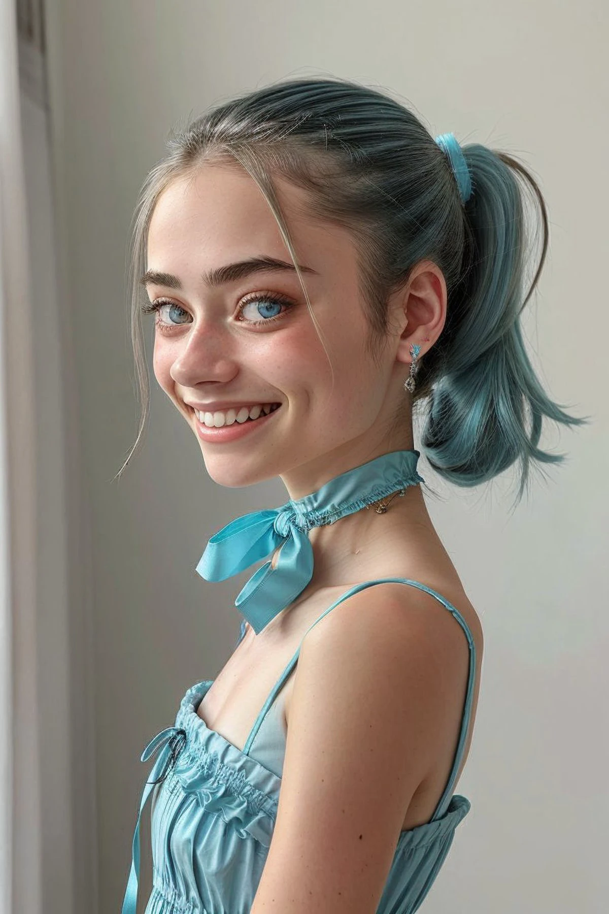 parte superior do corpo OliviaChristie, concentre-se no rosto sorridente, vestindo roupas vitorianas , seu cabelo azul tiffany é penteado como um rabo de cavalo com fita,