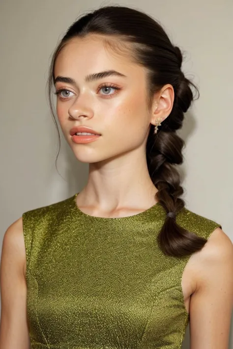 a woman with a braid ponytail in a green dress