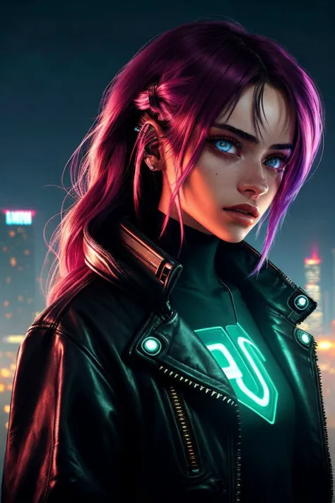 (cyberpunk cityscape, neon, dark, futuristic, detailed:1.2) OliviaChristie, focus on eyes, close up on face, firebrick color hair styled textured waves hair, lens flare,