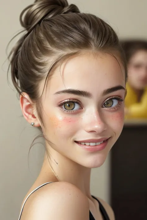 (hyperrealistic rendition of, ultra detailed, realistic, high definition:1.2) OliviaChristie, focus on eyes, close up on face, smile, color lemon hair styled messy bun hair, vignette,