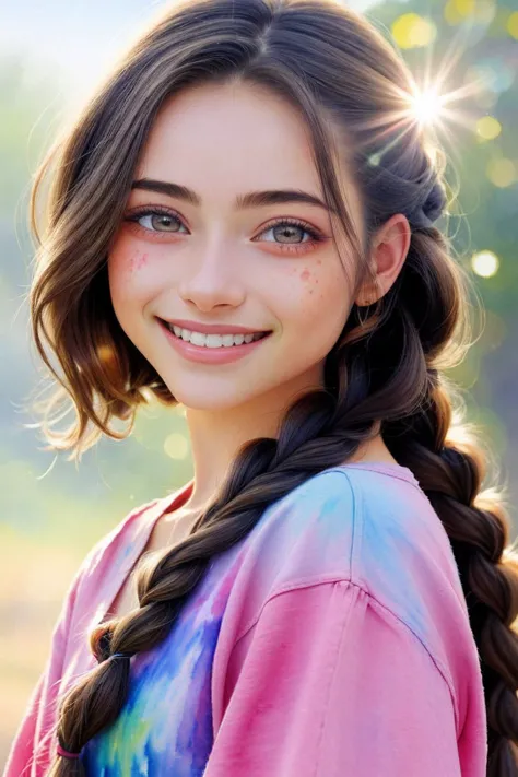 (watercolor painting, soft, vibrant, blended, hand-painted:1.2) OliviaChristie, focus on eyes, close up on face, huge smile, hair styled waterfall braid hair, lens flare,